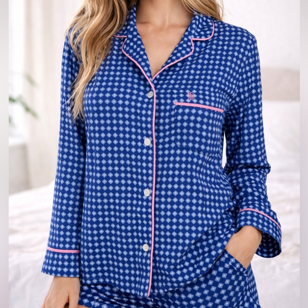 Victoria’s Secret Blue Pink Print Button Front Pajama Sleep Top Size XS